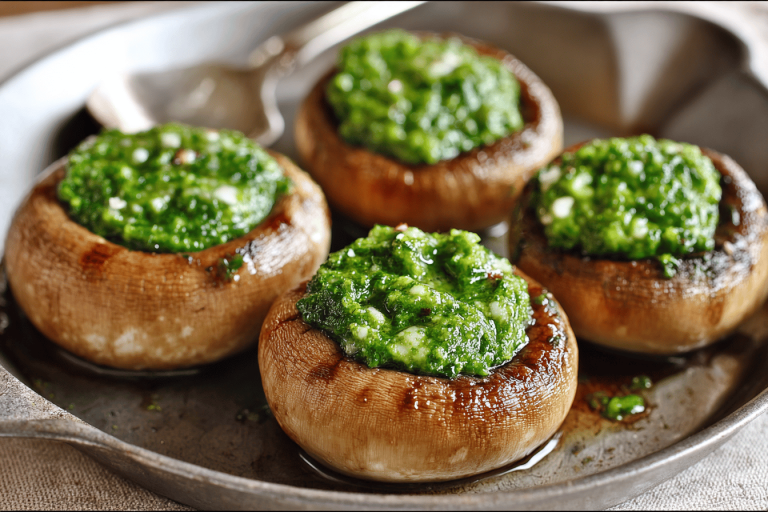 Delicious seared mushrooms filled with homemade pesto make for a perfect appetizer or snack! 🍄✨
