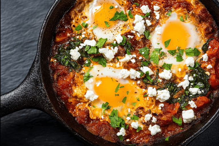 Delicious shakshuka with spinach and feta perfect for a cozy meal. Enjoy this flavor burst! 🍳🌱🧀