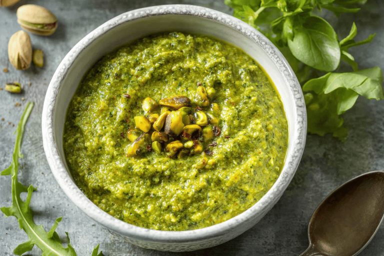 Delight your senses with this creamy sweet pistachio pesto. Perfect for desserts! 🍰💚