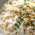 Delicious spaghetti with yogurt sauce, garnished with pine nuts and fresh herbs.