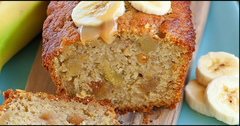 Freshly sliced banana bread on a cutting board with chocolate chips and ripe bananas.