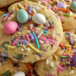 Decorated Easter cookies with pastel M&M's and sprinkles on a pastel plate, perfect for spring celebrations.