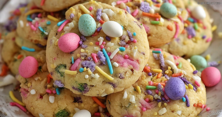Decorated Easter cookies with pastel M&M's and sprinkles on a pastel plate, perfect for spring celebrations.