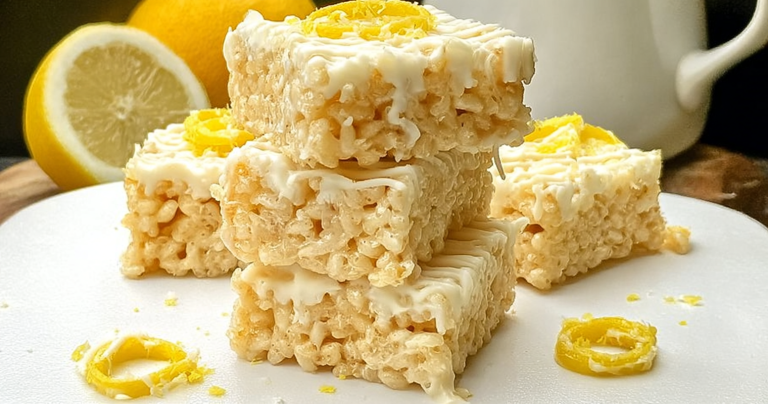 Delicious Lemon Rice Krispy Treats topped with lemon zest on a white plate.