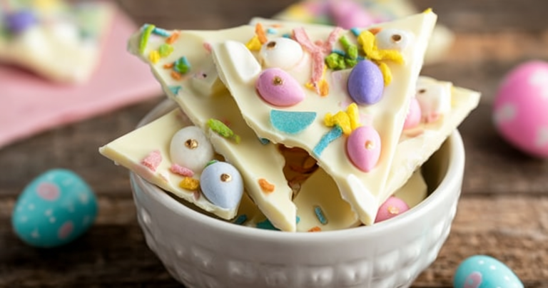 Colorful Easter Bark made with white chocolate and assorted candies, perfect for an easy Easter treat.