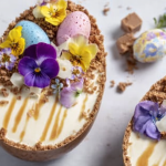 Easter egg cheesecake with mini chocolate eggs and chocolate drizzle, decorated with spring flowers