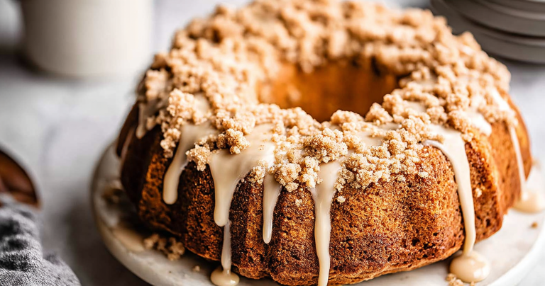 Slice of Coffee Cake Bundt Cake with cinnamon swirl and brown butter glaze on a wooden table.
