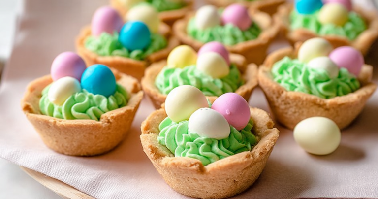 Easter Basket Sugar Cookie Cups filled with vanilla buttercream and topped with chocolate eggs on a festive table.