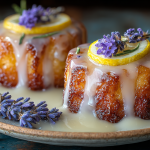 A plate of mini lemon cakes with lavender glaze, garnished with lemon zest and edible flowers, on a wooden table.