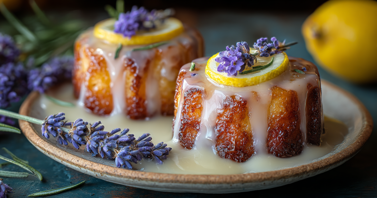 A plate of mini lemon cakes with lavender glaze, garnished with lemon zest and edible flowers, on a wooden table.