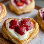 Close-up of a strawberry cream cheese heart danish with strawberries on top on a wooden table.