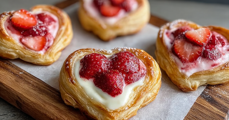 Close-up of a strawberry cream cheese heart danish with strawberries on top on a wooden table.