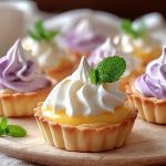 Mini lemon tart meringue topped with lilac meringue and fresh mint leaves on a white plate.