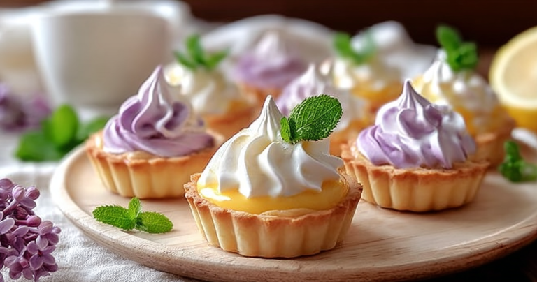 Mini lemon tart meringue topped with lilac meringue and fresh mint leaves on a white plate.