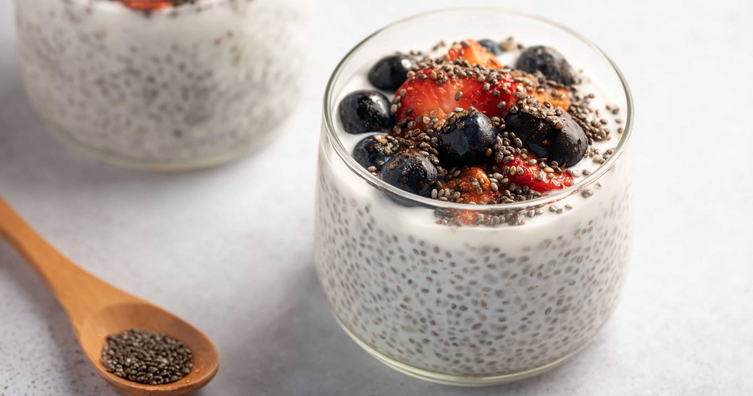 Creamy yogurt chia pudding served with fresh berries and nuts on a rustic wooden table.