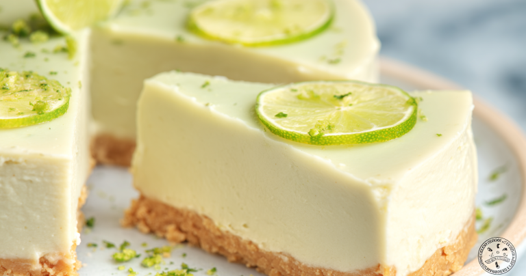 Slice of no bake lime cheesecake with whipped cream and lime zest on a wooden table