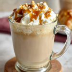 Close-up of Dutch Bros Golden Eagle coffee drink with whipped cream and caramel, styled with coffee beans.