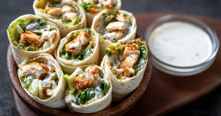 Delicious Chicken Caesar Wrap filled with lightly breaded chicken, romaine lettuce, and parmesan, cut in half on a wooden table.