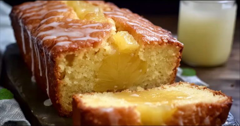 Freshly baked pineapple bread sliced to show the moist texture, garnished with pineapple pieces and glaze, on a wooden cutting board with tropical decor.