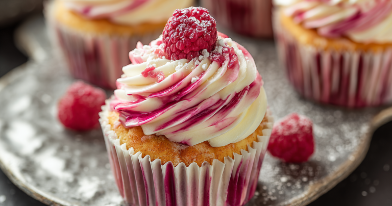 Raspberry Swirl Cupcake elegantly displayed on a plate, showcasing the red and white frosting swirl.
