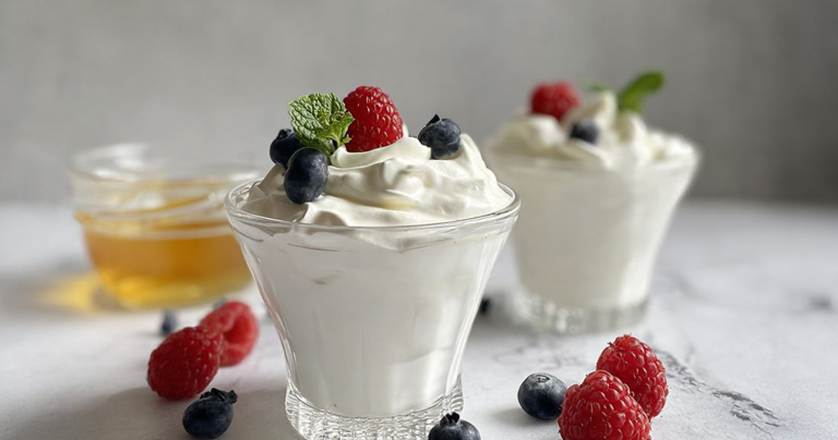 Creamy yogurt whipped cream in a bowl topped with vibrant summer berries like strawberries, blueberries, and raspberries.