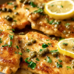 Delicious Chicken Piccata served with lemon slices and garnished with parsley, alongside a glass of white wine.