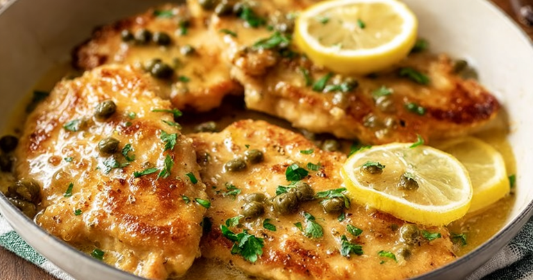 Delicious Chicken Piccata served with lemon slices and garnished with parsley, alongside a glass of white wine.