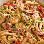 Delicious one pot Cajun chicken pasta garnished with parsley and parmesan, served with sliced bell peppers and garlic.
