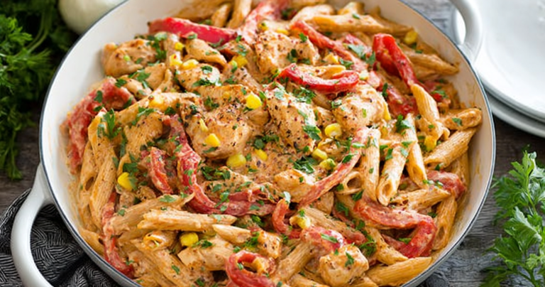 Delicious one pot Cajun chicken pasta garnished with parsley and parmesan, served with sliced bell peppers and garlic.