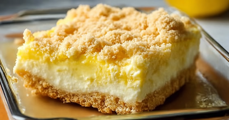 A slice of Lemon Cream Cheese Dump Cake topped with whipped cream and lemon zest on a white plate.