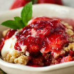 Delicious strawberry cobbler in a bowl with vanilla ice cream on top served on a wooden table.