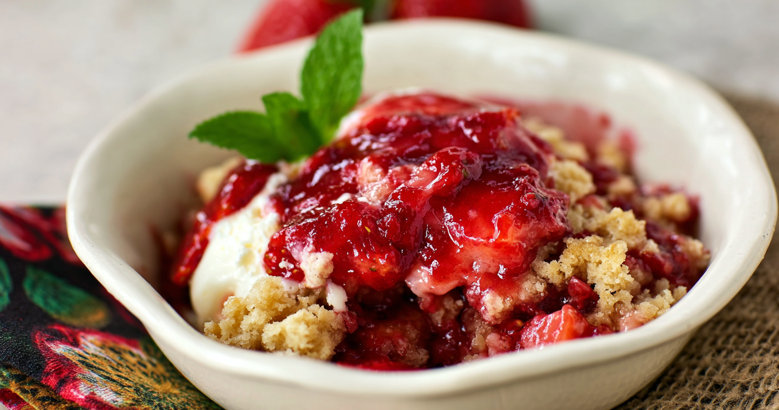 Delicious strawberry cobbler in a bowl with vanilla ice cream on top served on a wooden table.