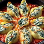 Delicious spinach and ricotta stuffed shells in marinara sauce with melted mozzarella and fresh basil leaves.