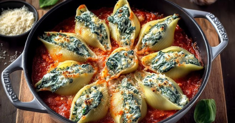 Delicious spinach and ricotta stuffed shells in marinara sauce with melted mozzarella and fresh basil leaves.