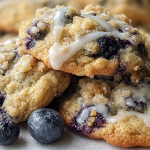 Close-up of blueberry muffin cookies with streusel topping on a wooden plate, garnished with fresh blueberries.