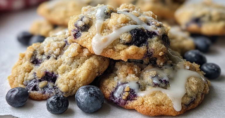 Close-up of blueberry muffin cookies with streusel topping on a wooden plate, garnished with fresh blueberries.
