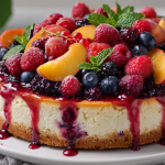 Slice of Summer Berry and Peach Cheesecake garnished with sliced peaches and fresh berries on a wooden table.