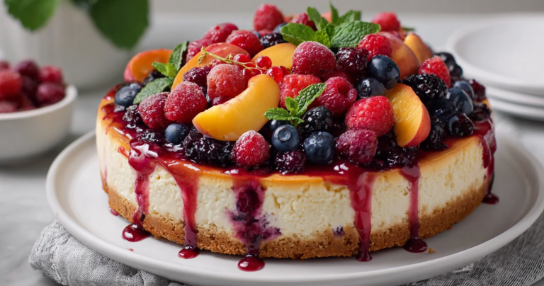 Slice of Summer Berry and Peach Cheesecake garnished with sliced peaches and fresh berries on a wooden table.