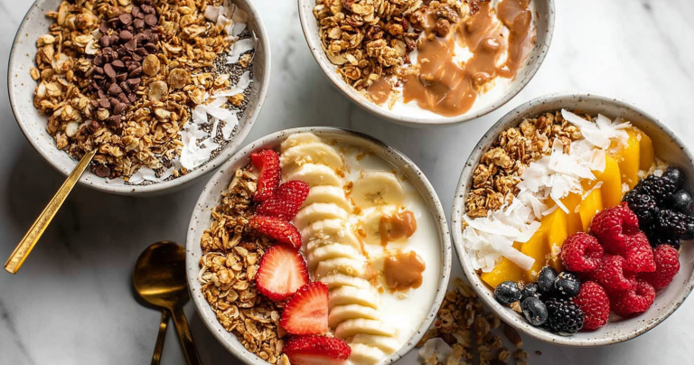 Granola and yogurt bowl with fresh berries, honey drizzle, and a sprinkle of granola on top.