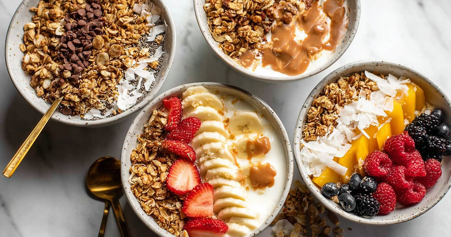 Granola and yogurt bowl with fresh berries, honey drizzle, and a sprinkle of granola on top.
