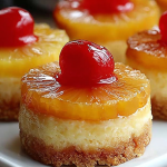 Delicious mini pineapple upside down cheesecakes topped with a cherry and whipped cream on a colorful plate.
