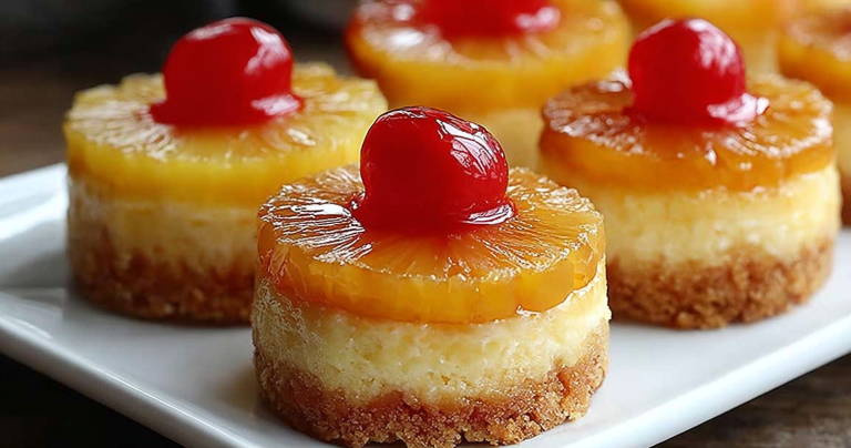 Delicious mini pineapple upside down cheesecakes topped with a cherry and whipped cream on a colorful plate.