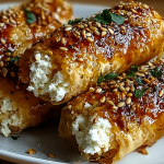 Delicious oven fried feta rolls drizzled with chili honey, served on a rustic plate with fresh herbs.
