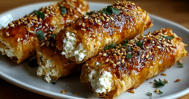 Delicious oven fried feta rolls drizzled with chili honey, served on a rustic plate with fresh herbs.