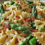 Close-up of creamy pasta with asparagus, toasted pine nuts, and parsley in a rustic bowl.