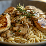 Plated Marsala Chicken Orzo with fresh parsley garnish on a wooden table.