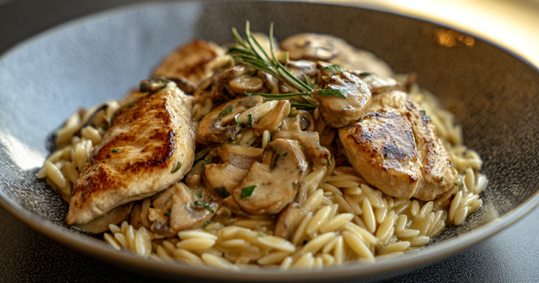 Plated Marsala Chicken Orzo with fresh parsley garnish on a wooden table.