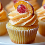 Close-up of a Peach Bellini Cupcake with peach buttercream and fresh peach slices, with champagne in the background.