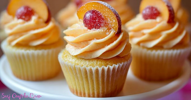 Close-up of a Peach Bellini Cupcake with peach buttercream and fresh peach slices, with champagne in the background.