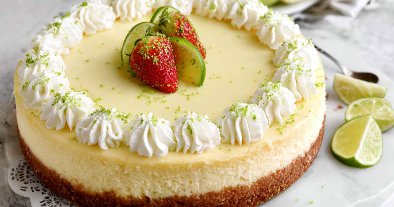 Slice of key lime cheesecake with whipped cream and fresh fruit garnishes on a plate.